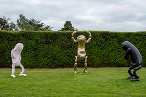 Erwin Wurm, _Untitled_ (2018); _Giant Big, Me Ideal_ (2014). Exhibition view: _Trap of the Truth_, Yorkshire Sculpture Park, United Kingdom (10 June 2023–28 April 2024). Courtesy Studio Erwin Wurm and Thaddaeus Ropac Gallery. Photo: © Jonty Wilde, Yorkshire Sculpture Park.